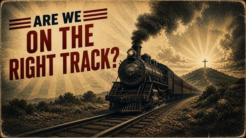Vintage poster with a steam train on a track and the bold question, 'Are we on the right track?' in warm, retro tones