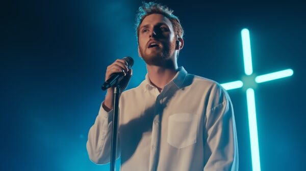 A male singer performs passionately on stage, illuminated by vibrant lighting.