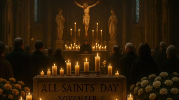A congregation stands in a candlelit church during an All Saints Day service, with a stone altar marked “All Saints’ Day November 1” in the foreground.