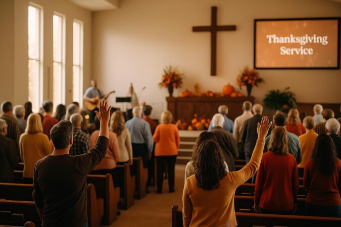 Church congregation worshipping during a Thanksgiving service with warm morning light and autumn decor