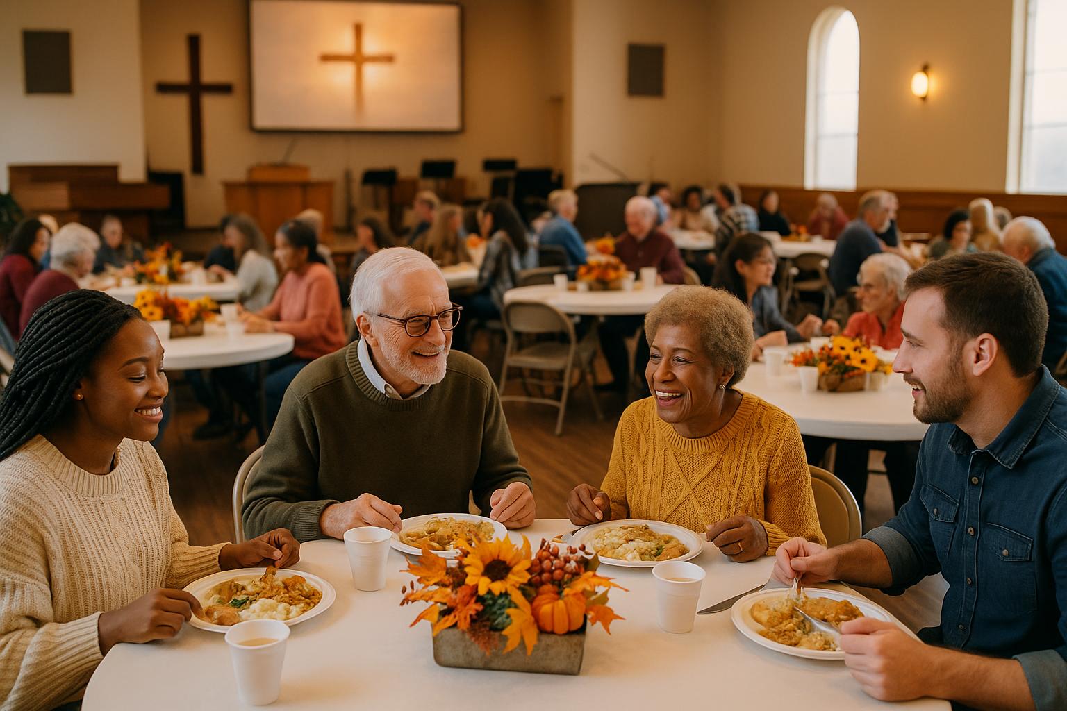 Church members of various ages sharing a Thanksgiving meal and conversation in a warmly lit fellowship hall