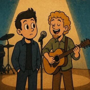 Two men perform on a spotlighted stage: one sings into a microphone while the other plays an acoustic guitar; drummer and bassist silhouette in back.