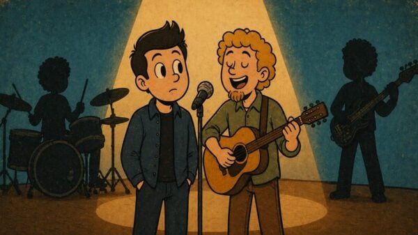 Two men perform on a spotlighted stage: one sings into a microphone while the other plays an acoustic guitar; drummer and bassist silhouette in back.