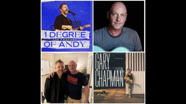 Podcast cover: guitarist singing into a microphone on a blue textured background with '1 DEGREE THE PODCAST' text
