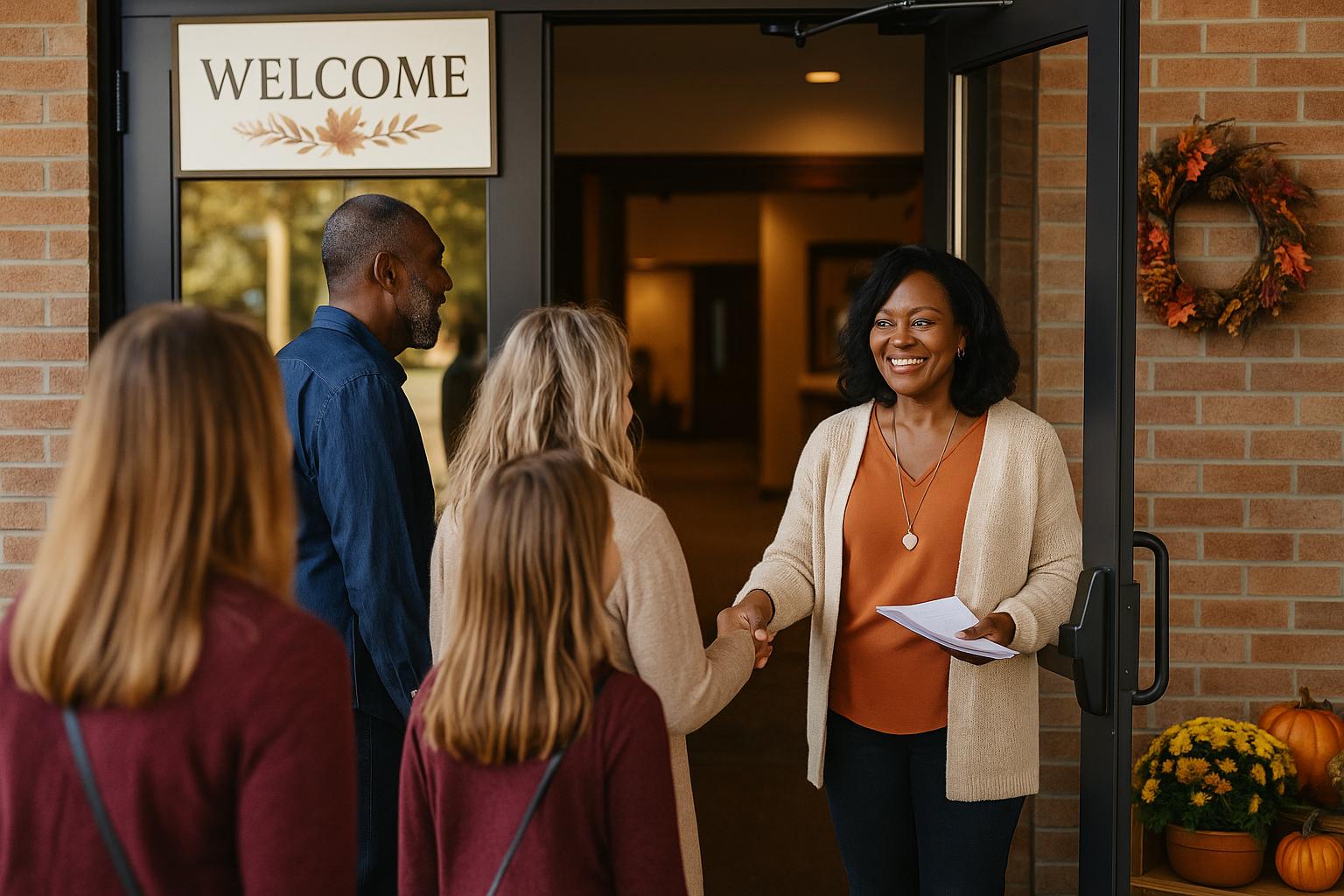 Smiling church greeter welcoming guests at the door before a Thanksgiving worship service