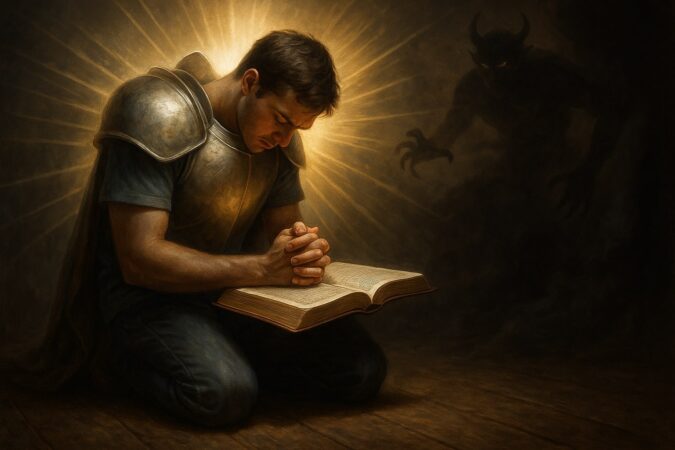 young man kneels in prayer